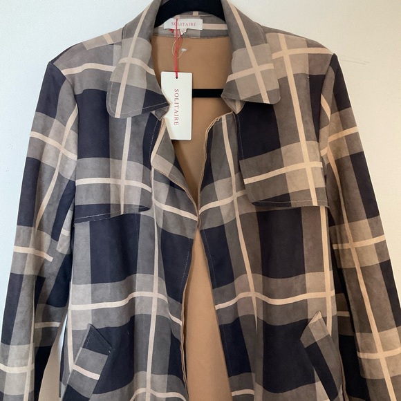 Solitaire | Belted Plaid Jacket | Brown | Faux Suede | Trench | NWT | Large - Picture 8 of 16